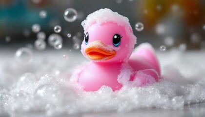 Pink Rubber Ducky in Bubble Bath