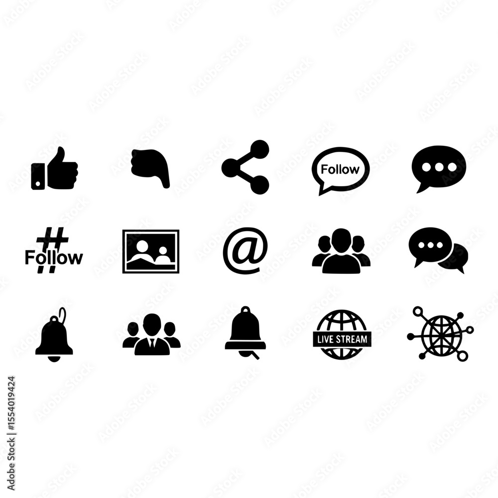 Poster social media follow like share comment notification live stream global connect icons vector design s