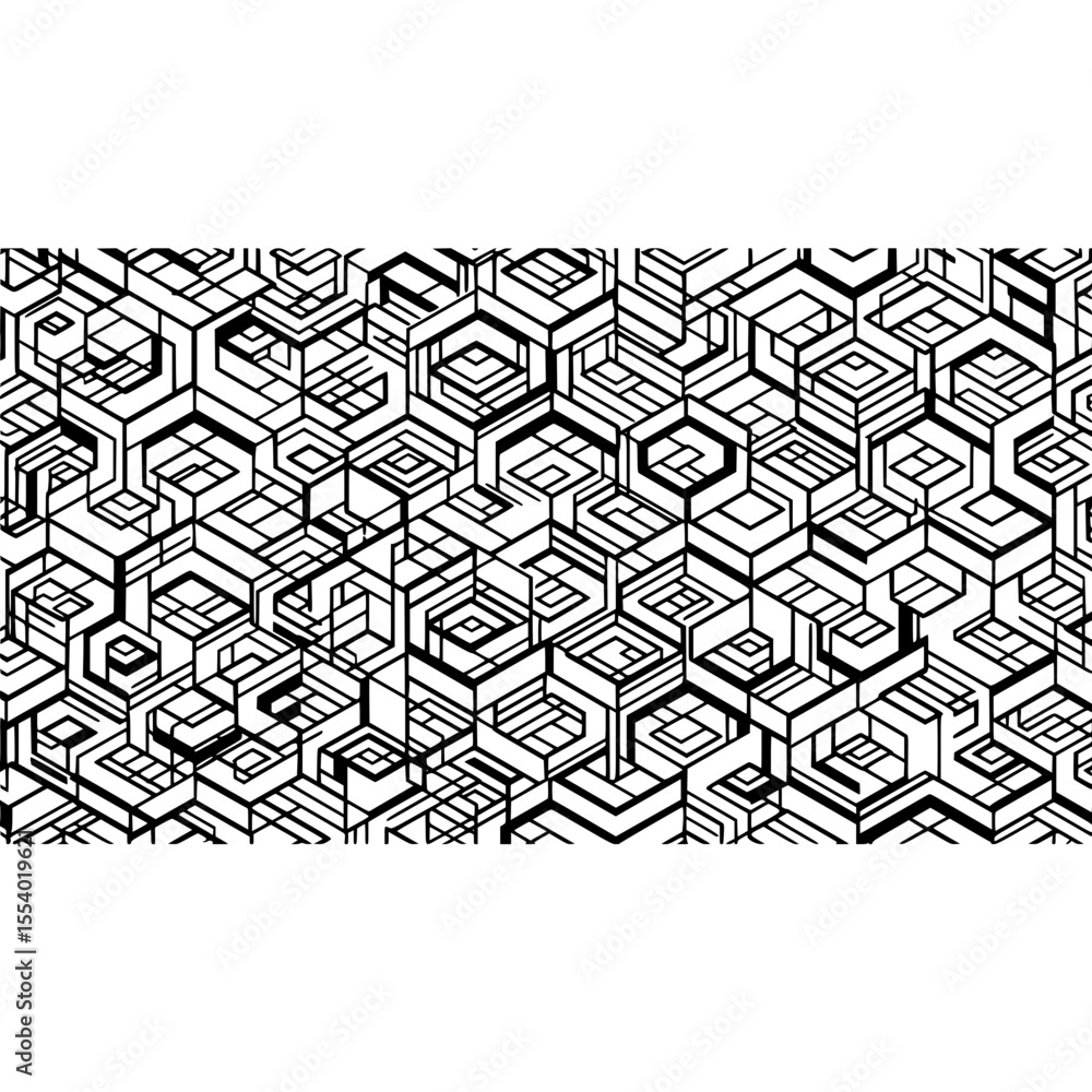 Poster abstract geometric pattern design with hexagons and cubes in black and white line art style design