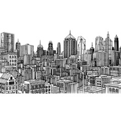 Cityscape skyline illustration with buildings skyscrapers urban architecture drawing black and white city view design