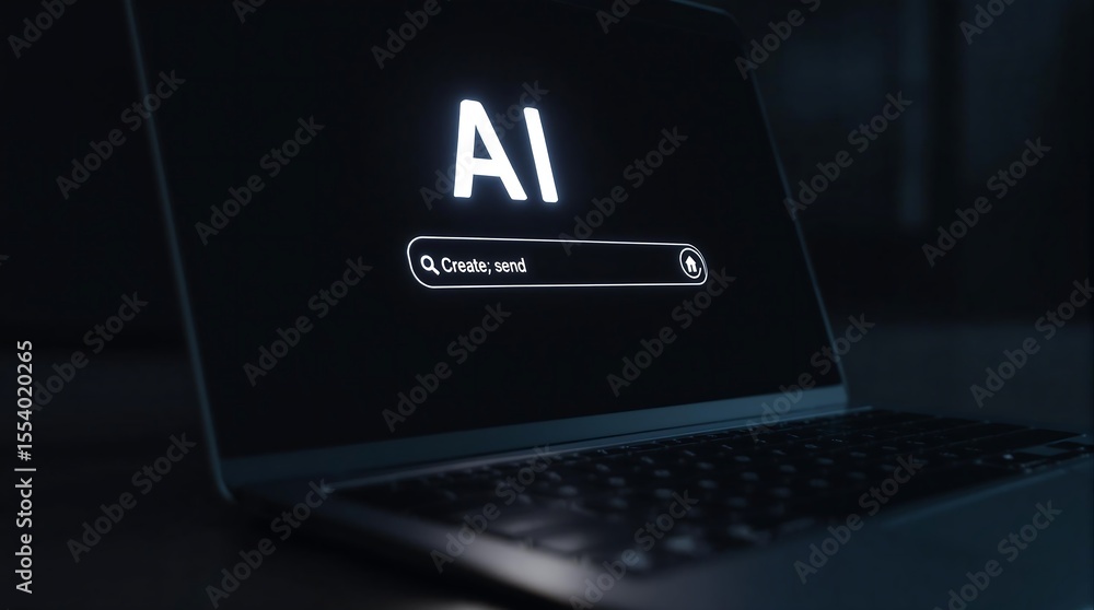 Poster ai artificial intelligence search create send technology laptop computer dark screen concept future