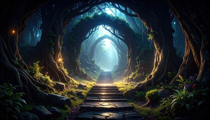 Pixelated Fantasy Forest Path With Glowing Steps