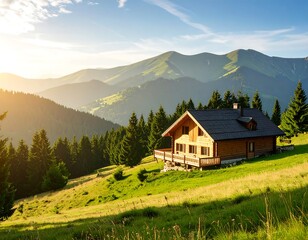 Obraz premium Mountain cabin at sunrise