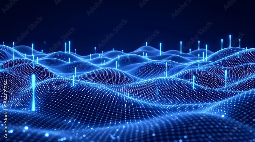 Poster abstract blue digital landscape background with glowing data points for technology concept design