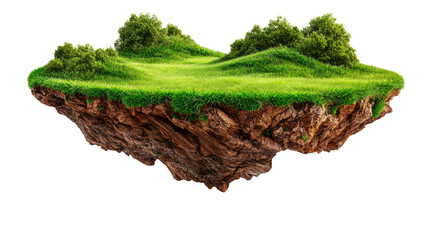 Floating Island of Green: A surreal vista unfolds as a verdant, floating island, complete with lush grass, and miniature trees, defying gravity in a whimsical display of nature.