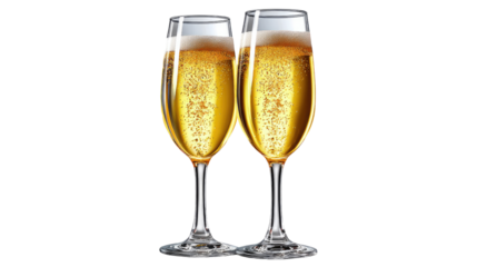 Champagne toast of celebration: Two elegant champagne flutes, brimming with sparkling, golden champagne, stand poised for a toast, offering a captivating view of celebratory bubbles. 