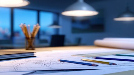Architectural workspace with blueprints, colored pencils, and a serene evening backdrop