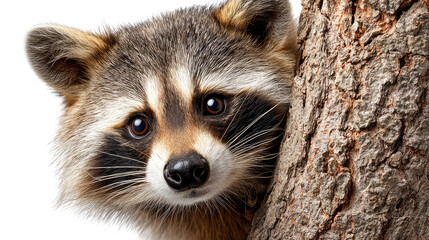 Raccoon's Curious Gaze: A charming raccoon peeks out from behind a tree trunk, its masked face and expressive eyes captivating the viewer with an aura of curiosity.