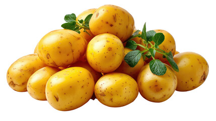 Yellow Potatoes and Oregano: A pile of fresh, yellow potatoes with vibrant green oregano sprigs.  The potatoes are smooth-skinned and appear ready to be cooked.