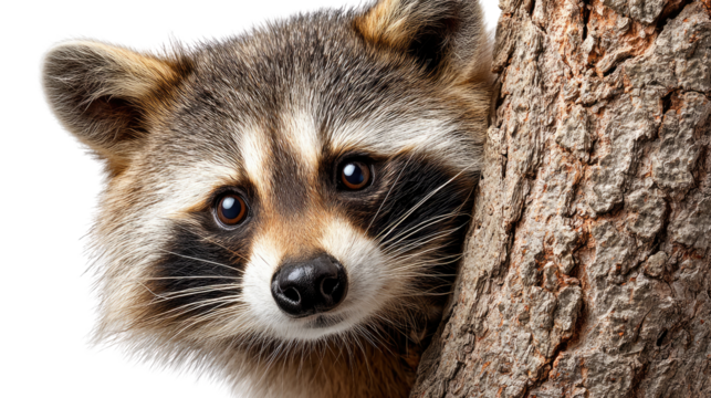 Raccoon's Curious Gaze: A charming raccoon peeks out from behind a tree trunk, its masked face and expressive eyes captivating the viewer with an aura of curiosity.