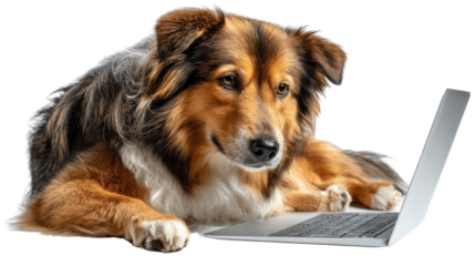 Smart Pup with Laptop: A clever canine gazes intently at a laptop screen, showcasing modern tech adoption in a relatable setting. Capturing the fusion of technological advancement and animal interest.