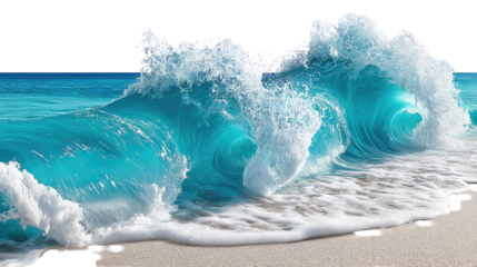 Ocean Wave Splashing Ashore: A vibrant blue ocean wave crashes onto a sandy beach, showcasing the raw power and beauty of nature's majestic force.