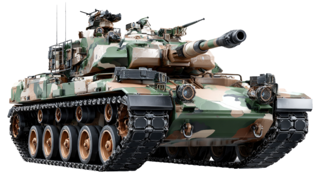 Battle Tank in Camouflage: A formidable battle tank, clad in a distinctive camouflage pattern, stands ready, showcasing its powerful armament. A symbol of strength and military might.