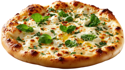 Pizza Delight: A captivating overhead shot of a freshly baked pizza adorned with vibrant green basil leaves, radiating a delectable aura and inviting visual sensation.