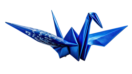 Origami Crane: A symbol of hope and healing, this intricately folded blue origami crane takes flight against a backdrop. A symbol of peace, it signifies tranquility and art of folding paper. 