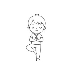 Cute cartoon boy doing yoga tree pose with eyes closed isolated on transparent background