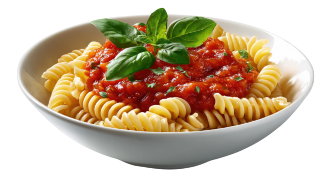 Pasta with Tomato Sauce: A vibrant bowl of rotini pasta is generously coated in a rich tomato sauce, garnished with fresh basil leaves, creating a mouthwatering image of classic Italian comfort food.