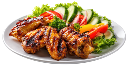 Savory Delights: A culinary masterpiece featuring succulent grilled chicken wings and an array of fresh, vibrant salad. Perfectly plated to tantalize the senses.