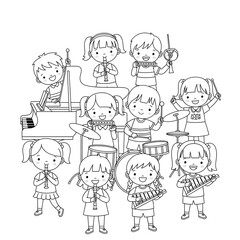 Happy children playing various musical instruments together in a band isolated on transparent background