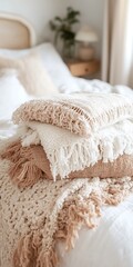 Cozy Bedroom Corner with Stacked Blankets for Relaxation and Home Comfort