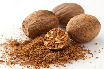 Whole nutmeg seeds and ground nutmeg
