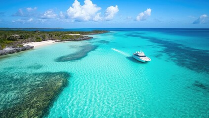 Obraz premium Turquoise waters embrace a boat near a tropical coast, showcasing clear, blue seas and sky