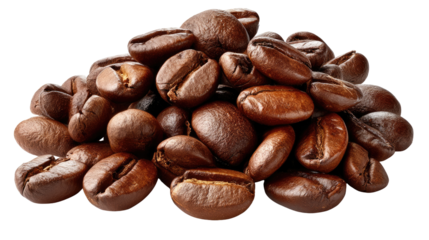 Aromatic Roasted Coffee Beans: A close-up shot of a heap of aromatic roasted coffee beans, presenting rich tones of brown, symbolizing a warm and invigorating beverage and the start of a fresh day.