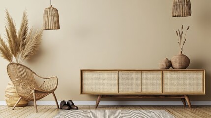 Neutral-toned living room with wicker furniture and decor.