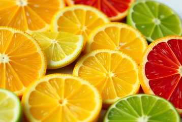 Freshly sliced citrus fruits (oranges, lemons, grapefruits) in close-up, showing vibrant textures and colors.  A repeating pattern background of the sliced citrus.  Focus on the details of the fruit s