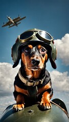 Dog Aviator in Airplane Cockpit with Goggles and Helmet