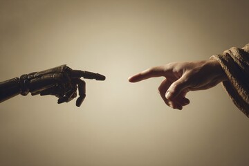 Naklejka premium Connecting Humanity and Technology Robotic Hand Meets Human Touch in Artistic Interpretation