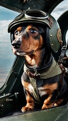 Dog Aviator in Airplane Cockpit with Goggles and Helmet