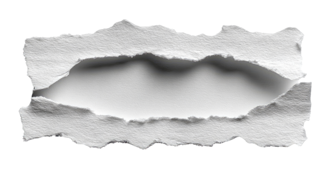 Torn Paper : Abstract conceptual image of torn white paper with ragged edges revealing a blank space. 