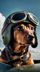 Dog Aviator in Airplane Cockpit with Goggles and Helmet