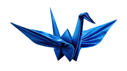 Serene Origami Crane in Flight: A meticulously crafted blue origami crane takes flight, showcasing the intricate beauty and precision of folded paper art against a clean backdrop.