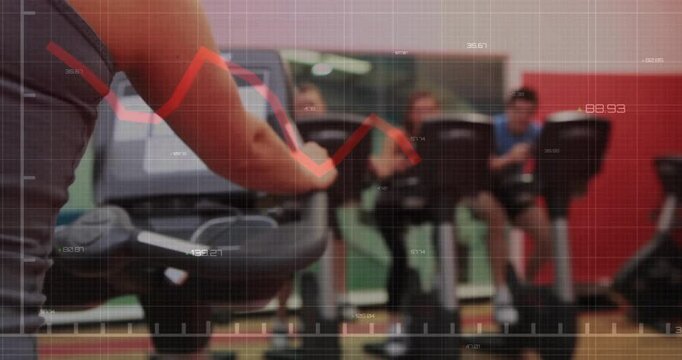 Female approaching console pedaling, adjusting tracker for workout as red graph overlay fluctuating