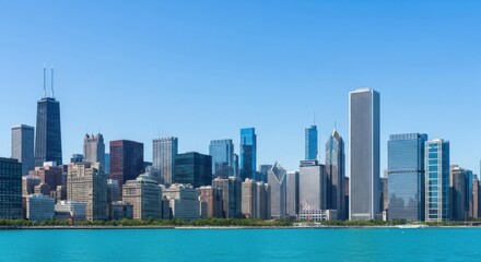 Fototapeta premium Captivating Chicago Skyline Panorama Over Azure Waters Under Bright Summer Sky