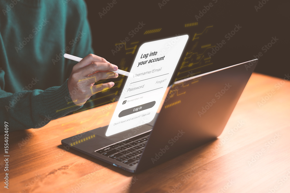 Poster Person using a pen to interact with a login screen on a futuristic laptop interface, representing online account access, digital authentication, and secure identity verification in modern technology.