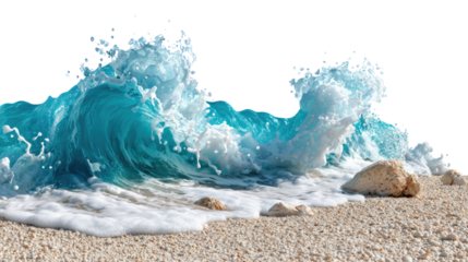 Crashing Wave on Shore: A dynamic, photorealistic view of a powerful ocean wave crashing onto a sandy shore, creating a stunning display of nature's raw beauty.