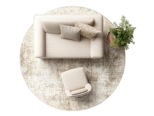 Beige circular rug with a sectional sofa and armchair, overhead view