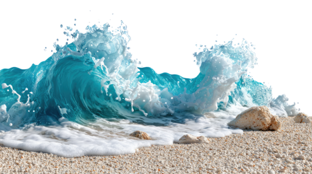 Crashing Wave on Shore: A dynamic, photorealistic view of a powerful ocean wave crashing onto a sandy shore, creating a stunning display of nature's raw beauty.