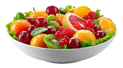 Vibrant Fruit Medley: A captivating close-up showcases a rainbow of fresh, ripe fruits arranged in a crisp, leafy bowl, offering a glimpse of nature's delectable bounty.