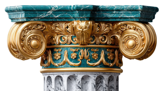 Golden Detail: A detailed view of an ornate capital, showcasing classical architecture's intricate design and opulent aesthetic. Emphasizing elegance and grandeur.