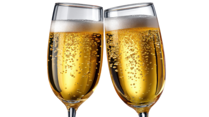 Champagne Toast: Two glasses of sparkling champagne, with bubbles rising to the surface, are clinking together in a celebratory toast.
