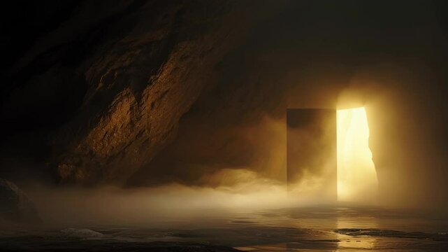 In the heart of an ancient, dark cave, a single, unadorned obsidian door stands impossibly freestanding. 