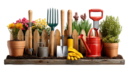 Blooming Garden Tools: A vibrant arrangement of gardening tools and blooming flowers, all neatly displayed, evoking the joy of nurturing nature.