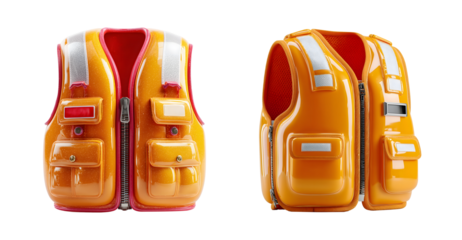 Brightly colored safety vests designed for visibility and protection, featuring reflective strips and multiple pockets for utility