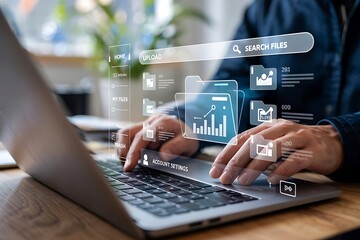 Futuristic Digital File Management Interface – Augmented Reality Folders Above Laptop on Wooden Desk
