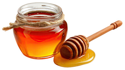 Golden Elixir: A close-up shot showcases a transparent jar filled with rich, golden honey and a wooden honey dipper. The scene invites viewers to indulge in the taste of nature's sweet delight.