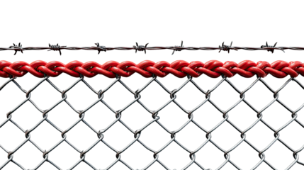 Chain link fence with barbed wire and red rope: A close-up shot of a chain link fence, topped with barbed wire and a striking red woven rope. The contrast between the sharp wire, sturdy fence.